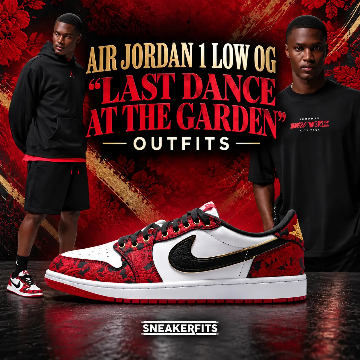 Air Jordan 1 Low OG Last Dance At The Garden with matching black and red Jordan outfits.
