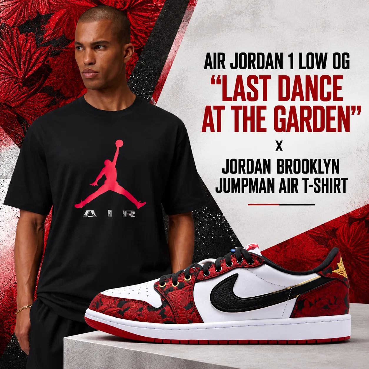 Air Jordan 1 Low OG “Last Dance At The Garden” with black Jordan Brooklyn Jumpman Air T-Shirt