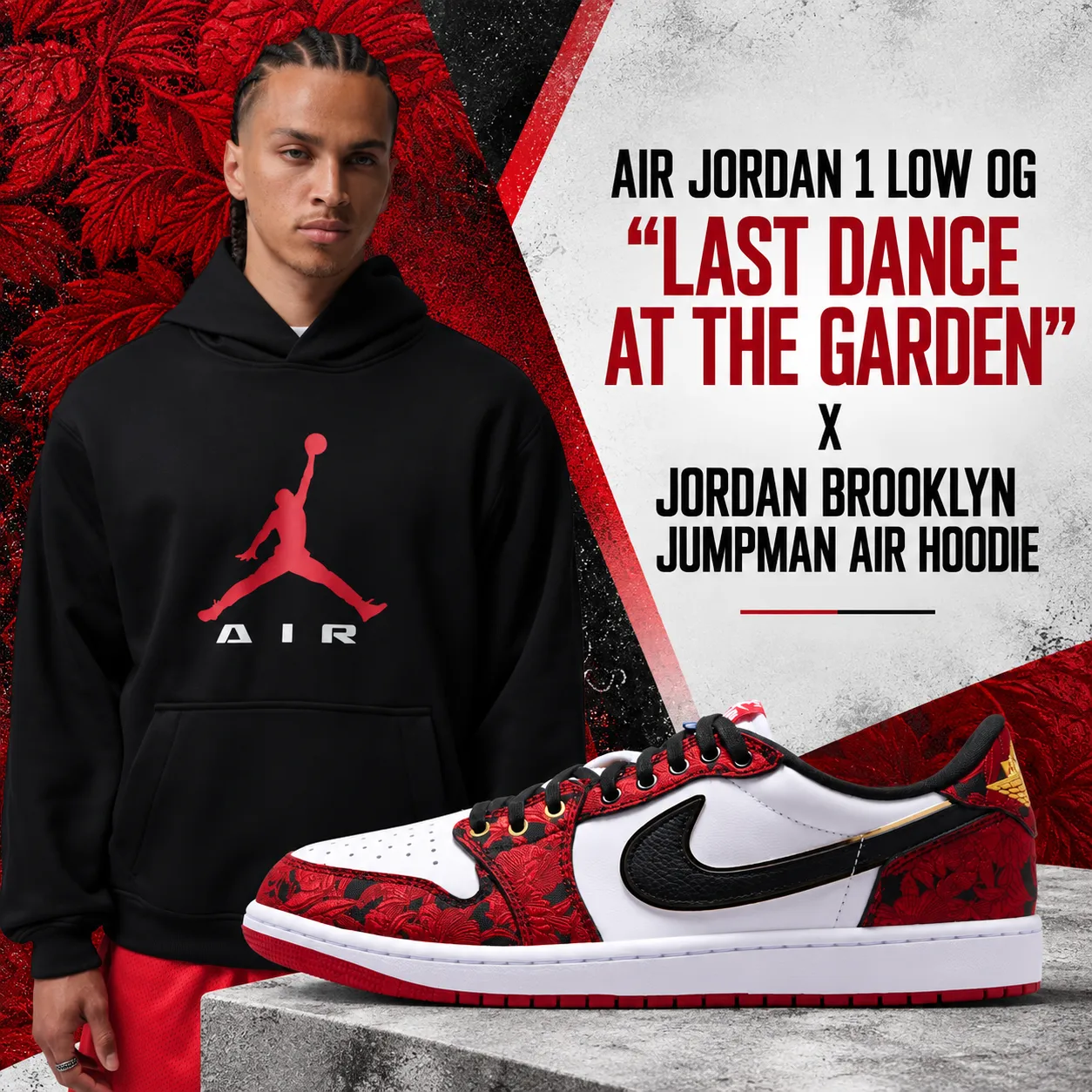 Air Jordan 1 Low OG “Last Dance At The Garden” with black Jordan Brooklyn Jumpman Air Hoodie