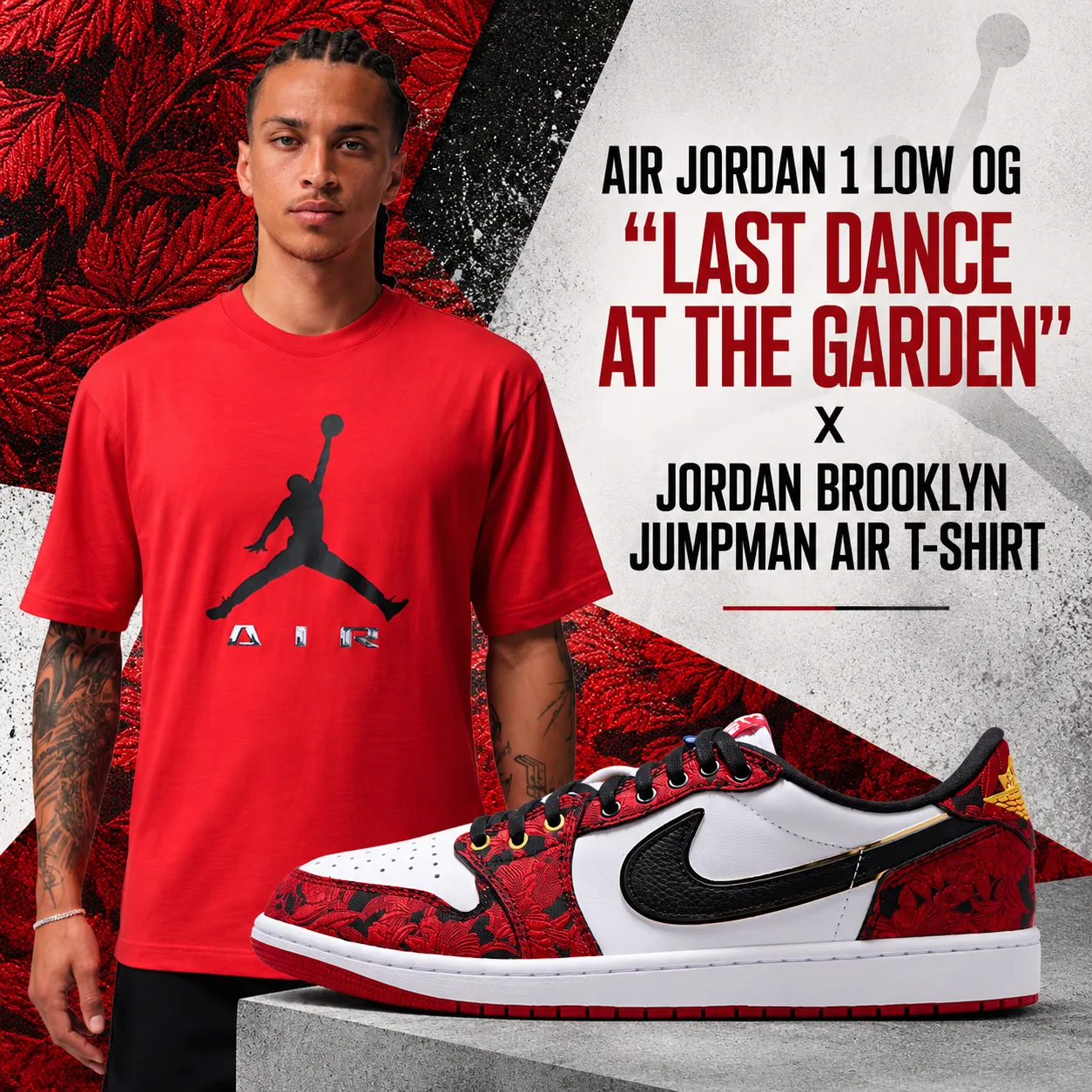 Air Jordan 1 Low OG “Last Dance At The Garden” with red Jordan Brooklyn Jumpman Air T-Shirt