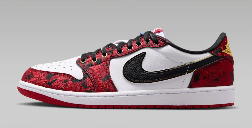 Air Jordan 1 Low OG Welcome to the Garden in white, red, black and gold.