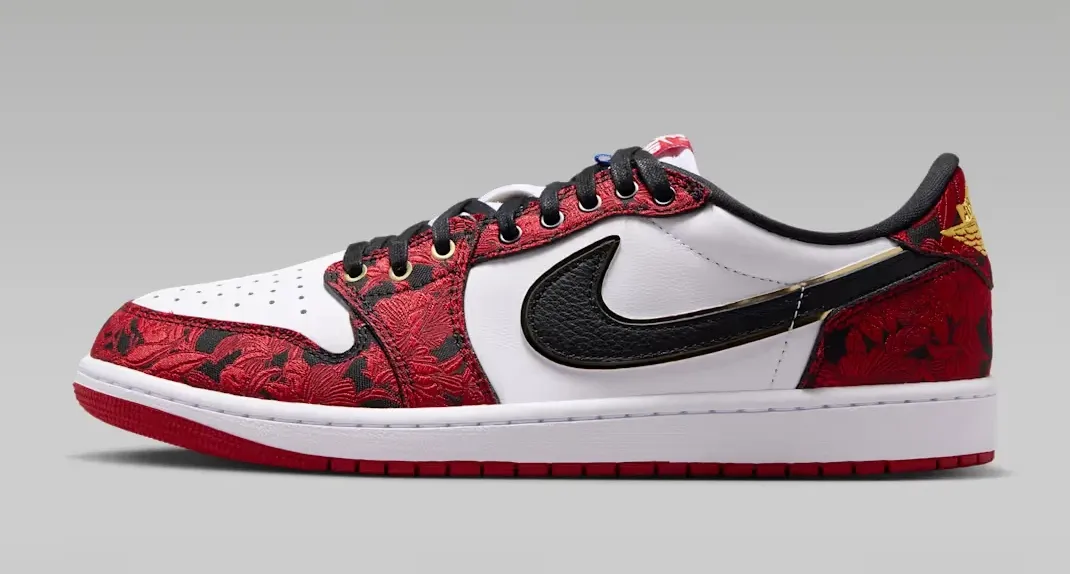 Profile view of the Air Jordan 1 Low OG Welcome to the Garden in white, red, black and gold.