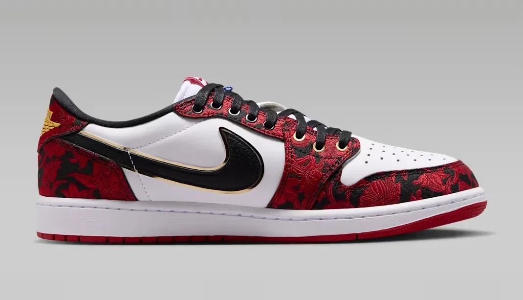 Side view of the Air Jordan 1 Low OG Welcome to the Garden in white, red, black and gold.