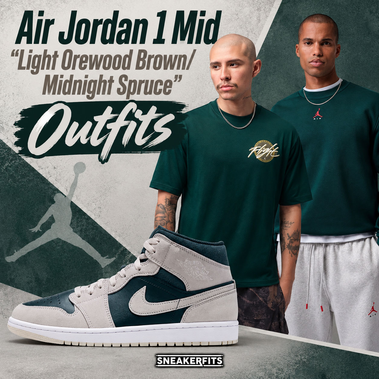 Air Jordan 1 Mid Light Orewood Brown Midnight Spruce with matching Jordan outfits