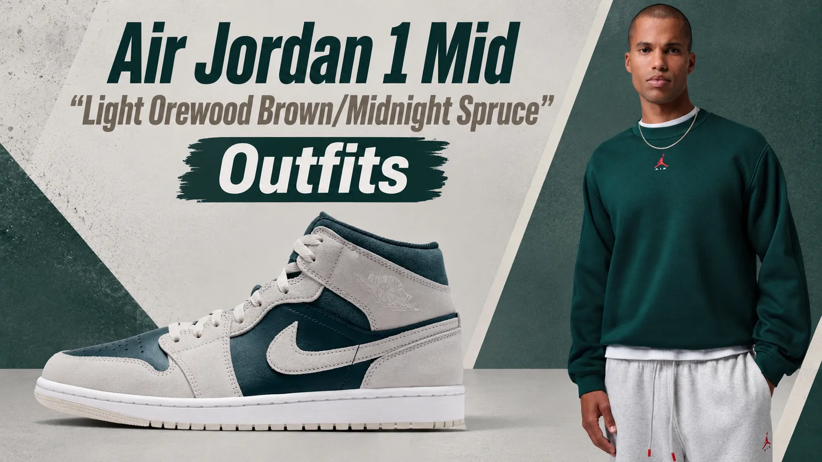 Air Jordan 1 Mid Light Orewood Brown Midnight Spruce outfit with matching Jordan apparel