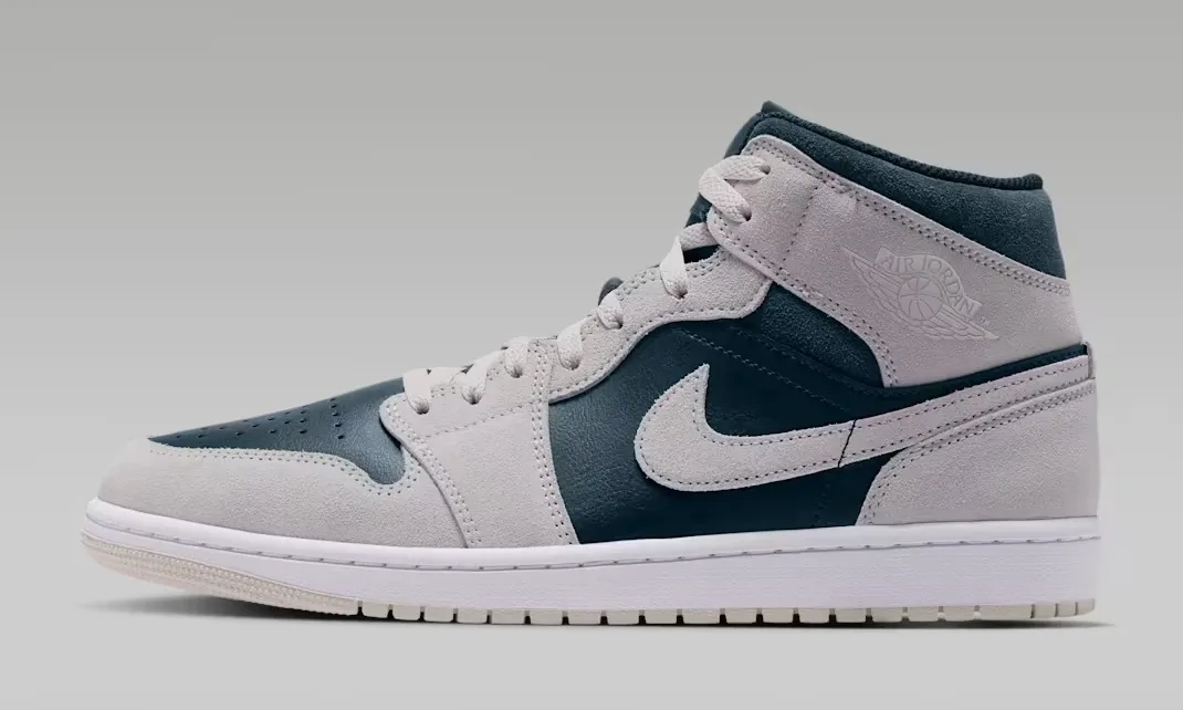 Air Jordan 1 Mid in Light Orewood Brown, Midnight Spruce, White and Pale Ivory.