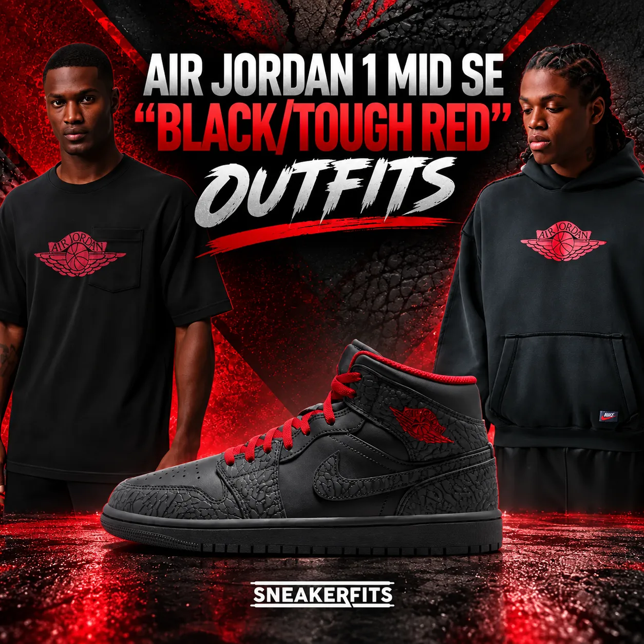 Air Jordan 1 Mid SE Black Tough Red outfits with matching Jordan T-shirt and hoodie