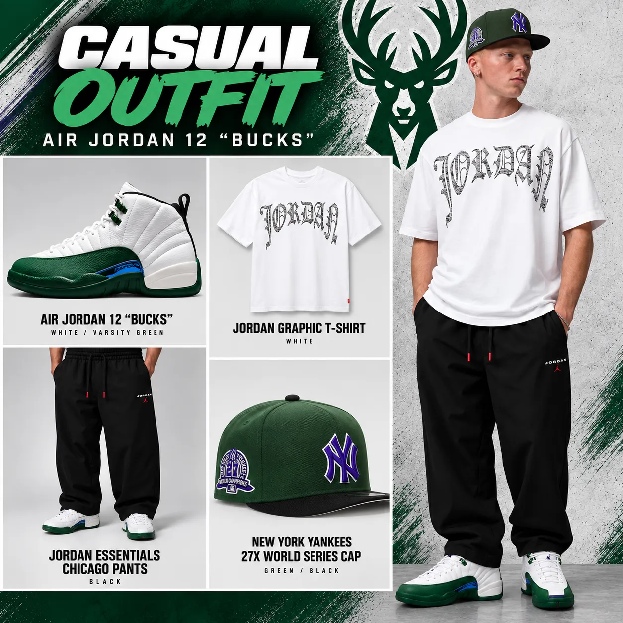 Air Jordan 12 Bucks casual outfit with white Jordan graphic T-shirt, black Jordan pants and green New York Yankees cap.