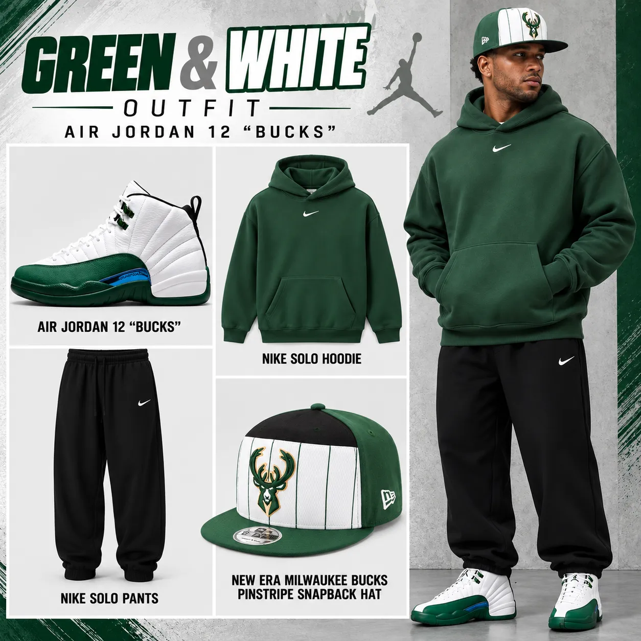 Air Jordan 12 “Bucks” outfit with green Nike Solo Hoodie, black Nike Solo Pants and Milwaukee Bucks New Era snapback.