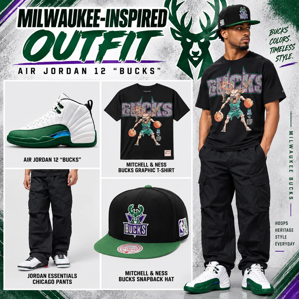 Air Jordan 12 “Bucks” outfit with Mitchell & Ness Milwaukee Bucks apparel, black cargo pants and matching Bucks hat.