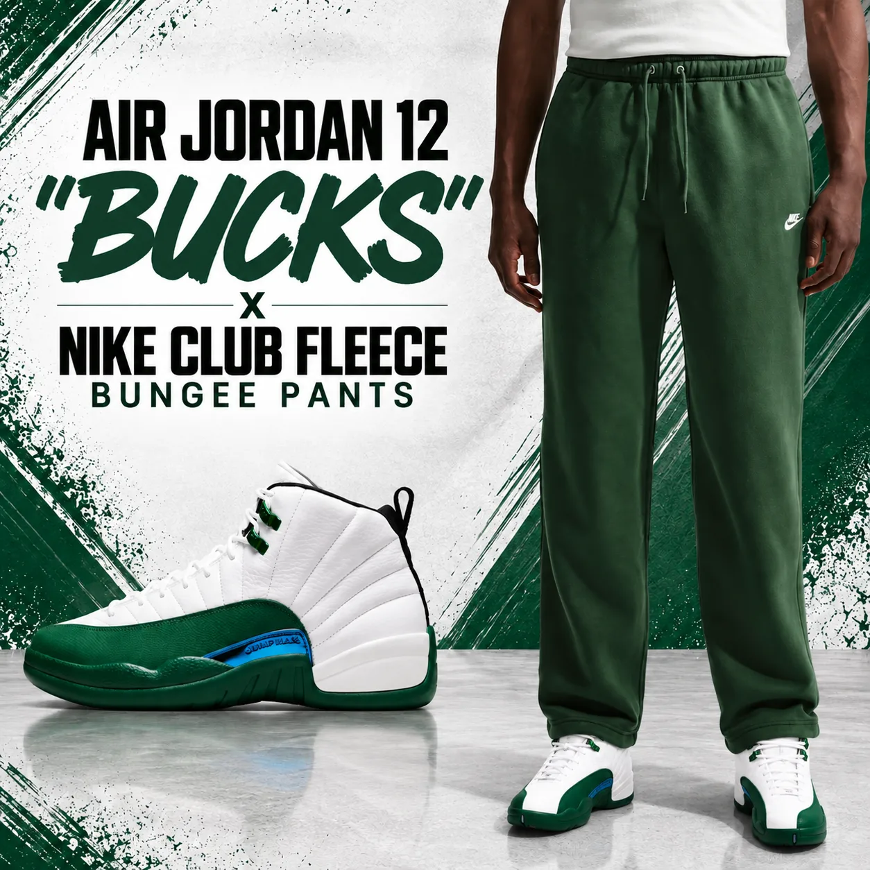 Air Jordan 12 “Bucks” sneakers styled with green Nike Club Fleece Bungee Pants.