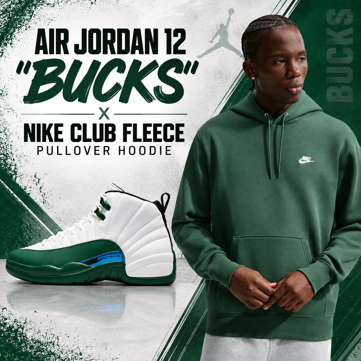 Air Jordan 12 “Bucks” sneakers paired with a green Nike Club Fleece Pullover Hoodie.