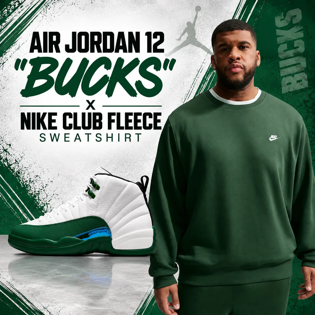 Air Jordan 12 “Bucks” sneakers paired with a green Nike Club Fleece Sweatshirt.