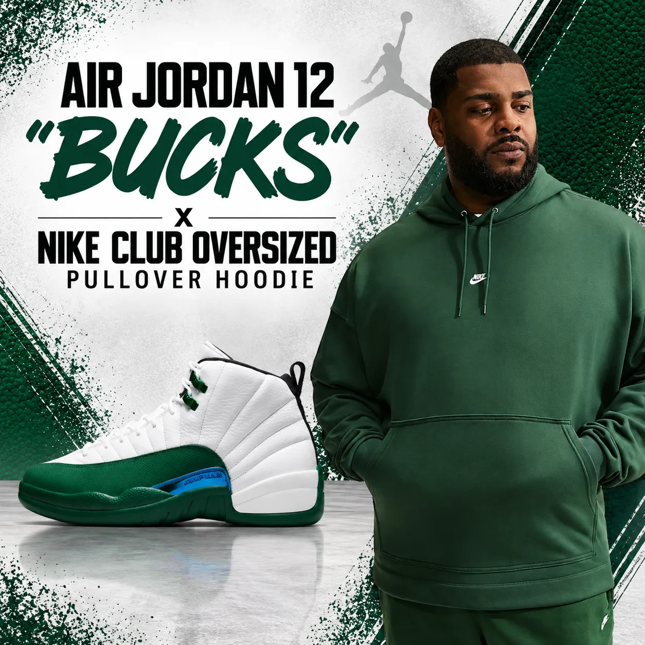 Air Jordan 12 “Bucks” sneakers paired with a green Nike Club Oversized Pullover Hoodie.