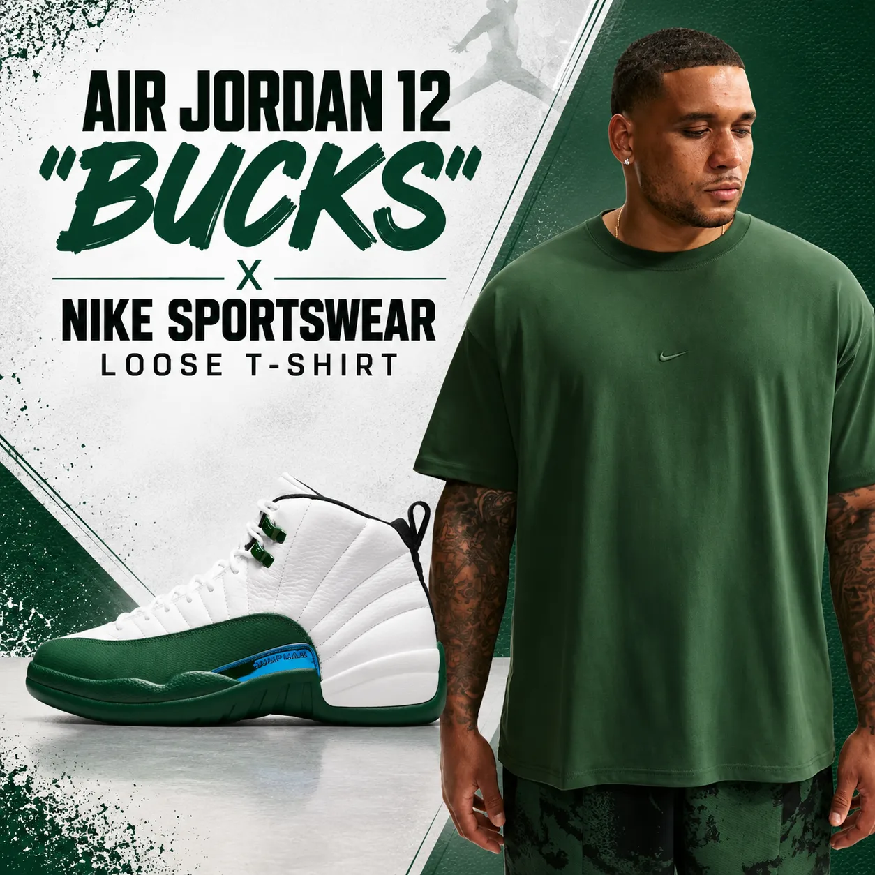 Air Jordan 12 “Bucks” sneakers paired with a green Nike Sportswear Loose T-Shirt.