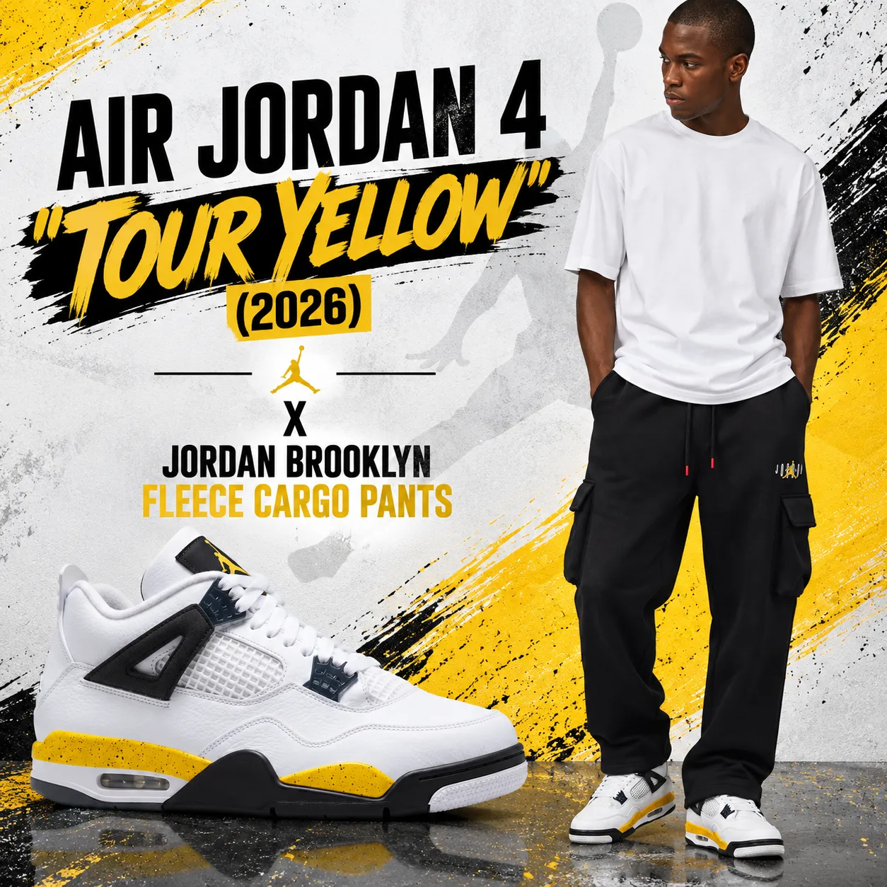 Air Jordan 4 Tour Yellow 2026 sneakers with black Jordan Brooklyn Fleece Cargo Pants