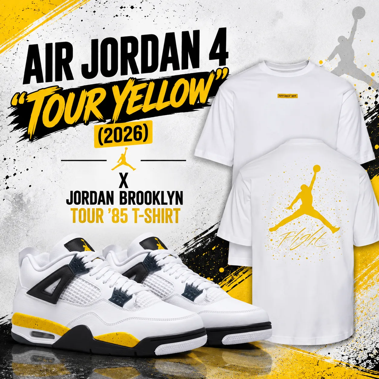 Air Jordan 4 Tour Yellow 2026 sneakers with white Jordan Brooklyn Tour ’85 T-Shirt