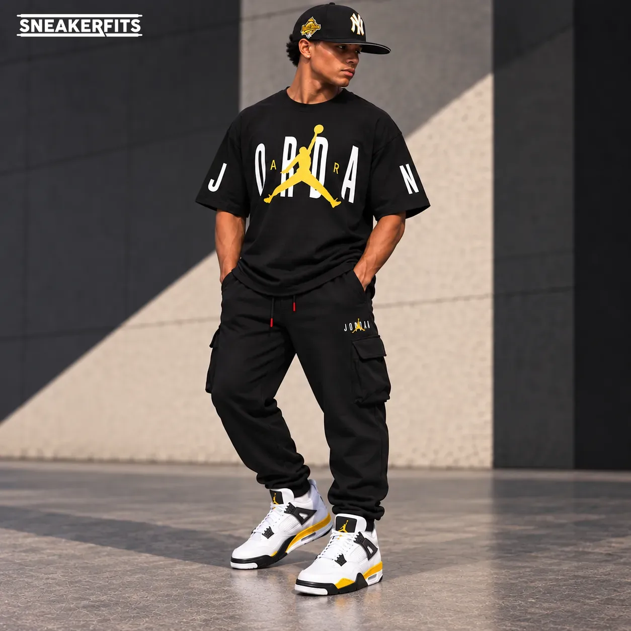 Air Jordan 4 Tour Yellow outfit with a black Jordan T-shirt, cargo pants and New York Yankees hat.