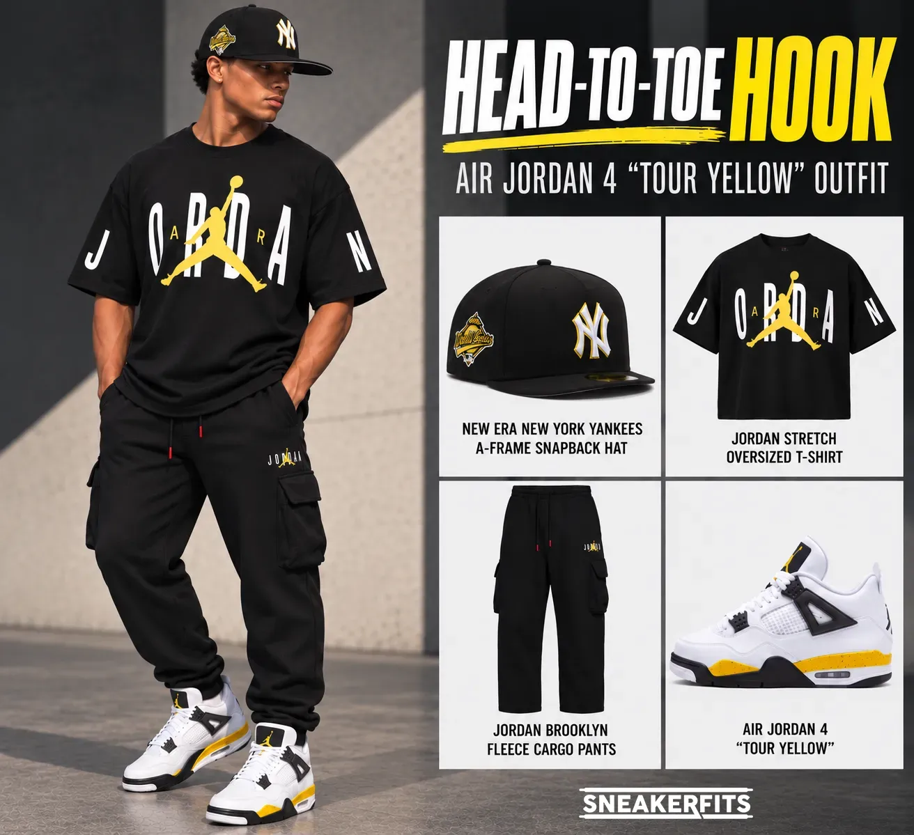 Air Jordan 4 Tour Yellow outfit with a New Era Yankees hat, Jordan oversized T-shirt and Jordan cargo pants.