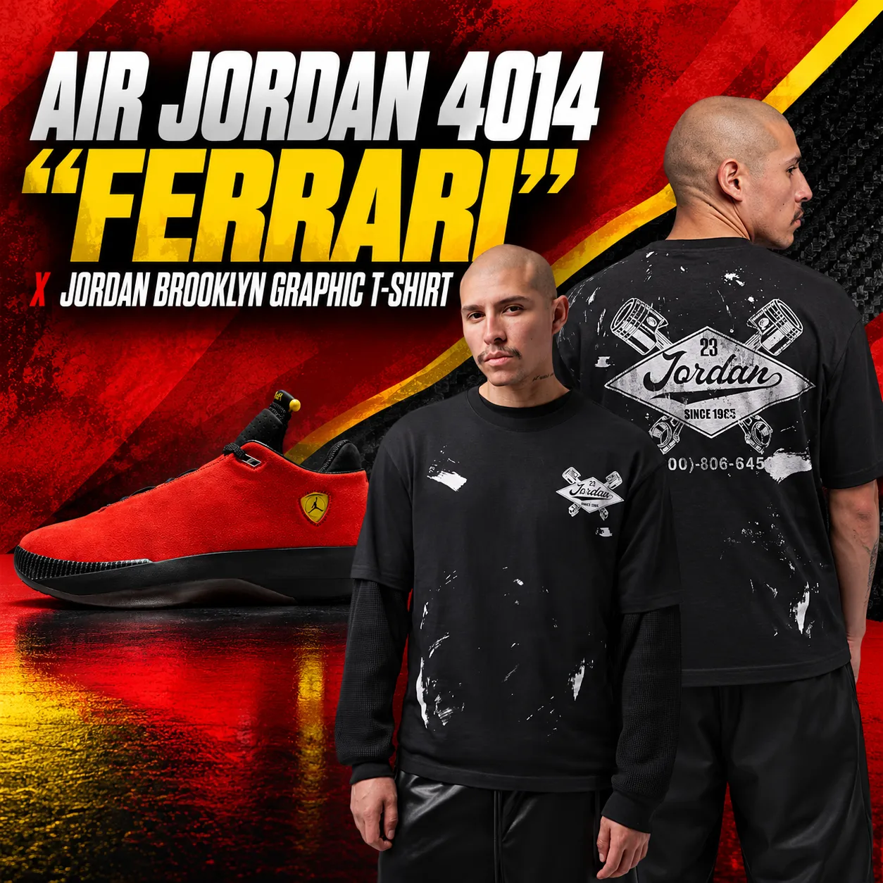 Air Jordan 4014 Ferrari sneakers with the black Jordan Brooklyn Graphic T-Shirt shown from the front and back.