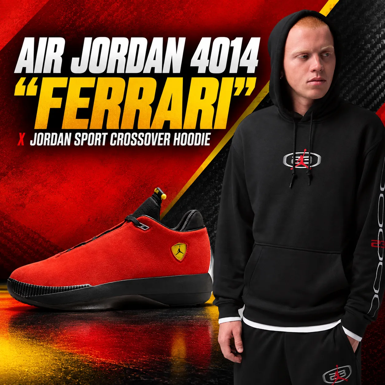 Air Jordan 4014 Ferrari sneakers with a black Jordan Sport Crossover Hoodie.