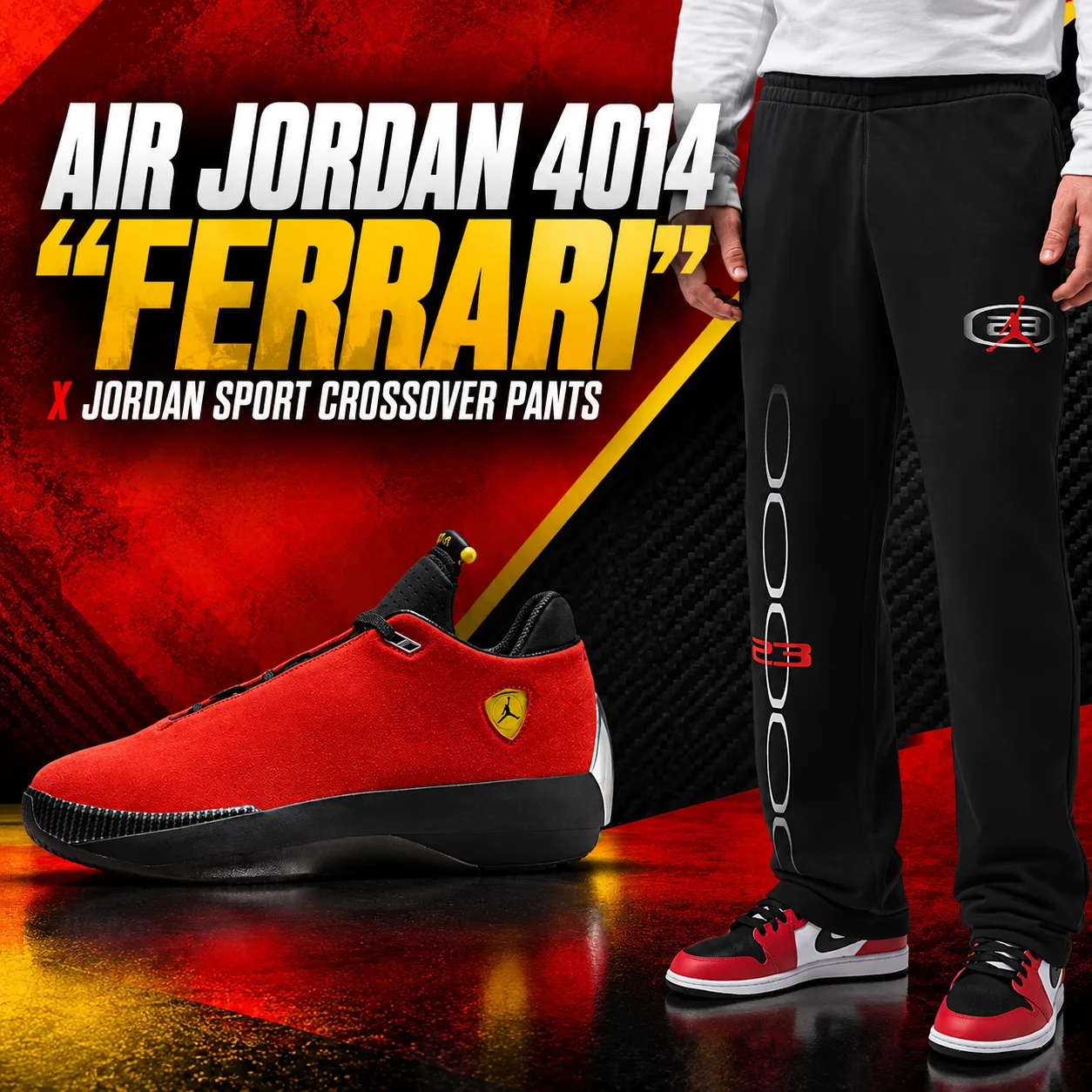 Air Jordan 4014 Ferrari sneakers with black Jordan Sport Crossover Pants.