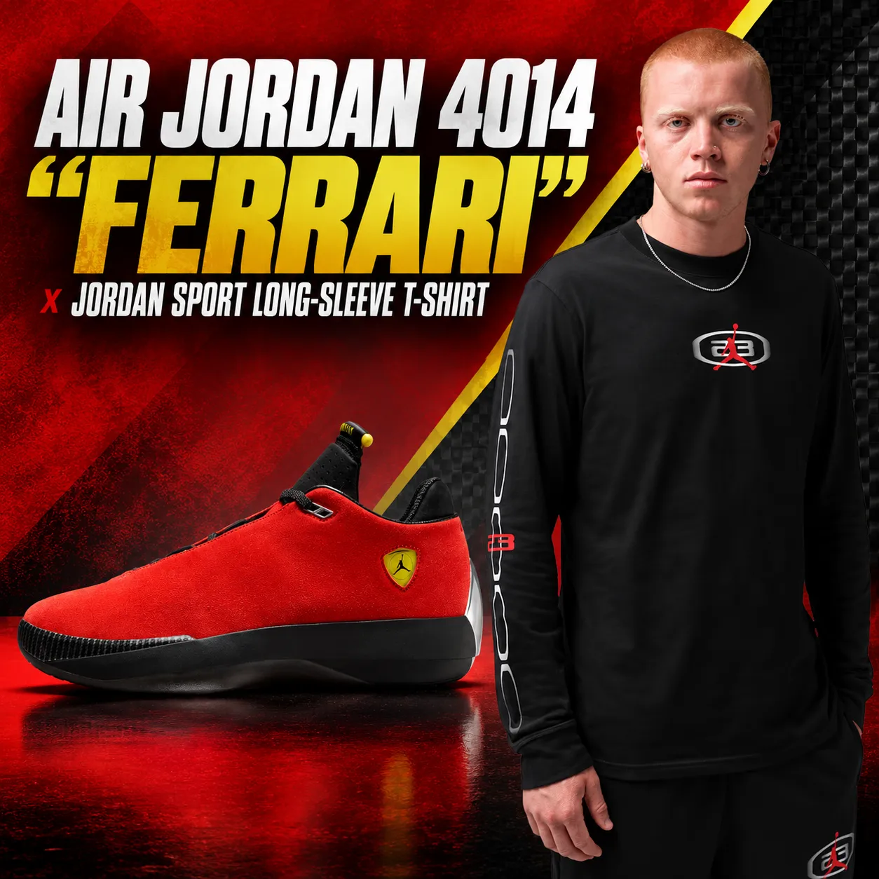 Air Jordan 4014 Ferrari sneakers with a black Jordan Sport Long-Sleeve T-Shirt.
