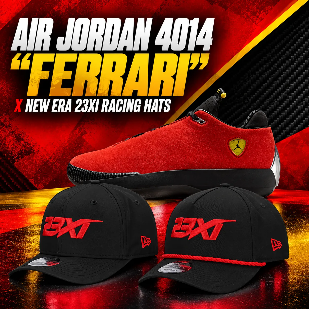 Air Jordan 4014 Ferrari sneakers with black and red New Era 23XI Racing hats.