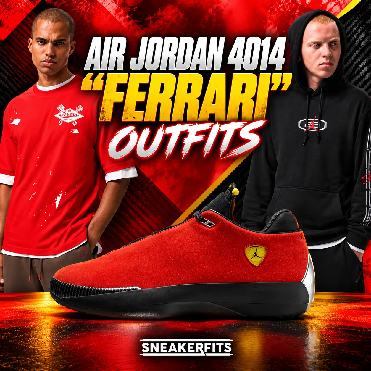 Air Jordan 4014 “Ferrari” outfits with matching red Jordan T-shirt and black Jordan hoodie