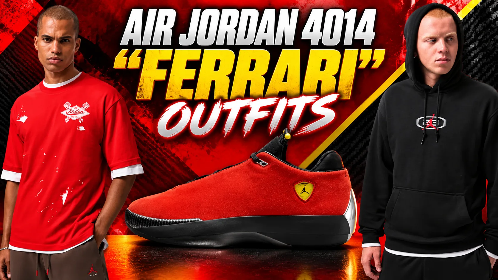 Air Jordan 4014 “Ferrari” outfits with matching red Jordan T-shirt and black Jordan hoodie