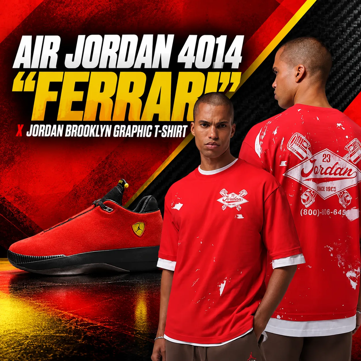 Air Jordan 4014 Ferrari sneakers with the red Jordan Brooklyn Graphic T-Shirt shown from the front and back.
