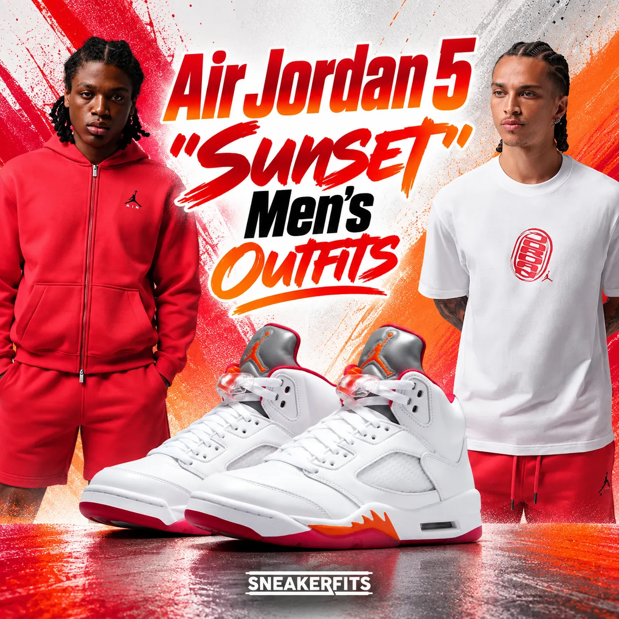 Air Jordan 5 “Sunset” men’s outfits with matching Jordan shirts and red apparel