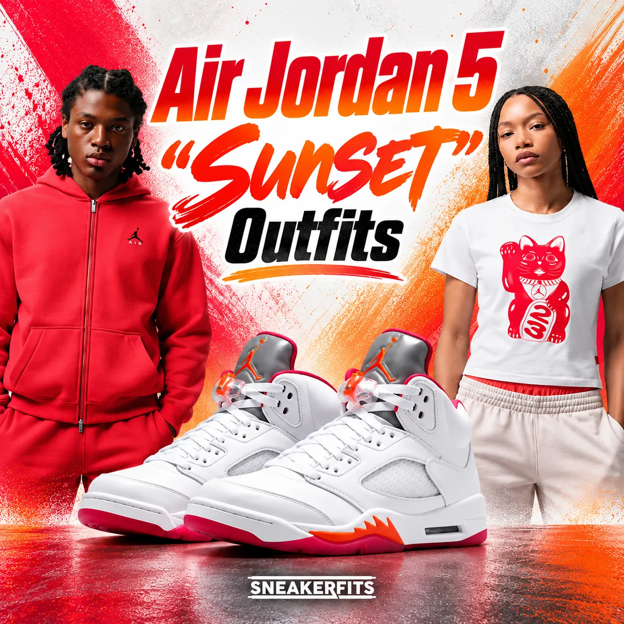 Air Jordan 5 Sunset outfits with matching red and white Jordan apparel for women and men.