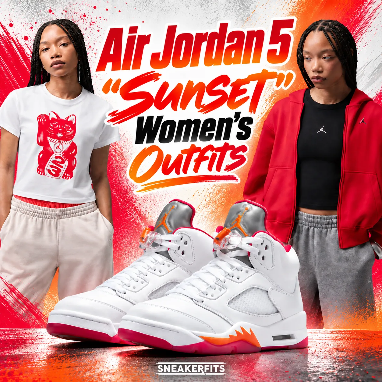 Air Jordan 5 Sunset women’s outfits with matching red and white Jordan apparel