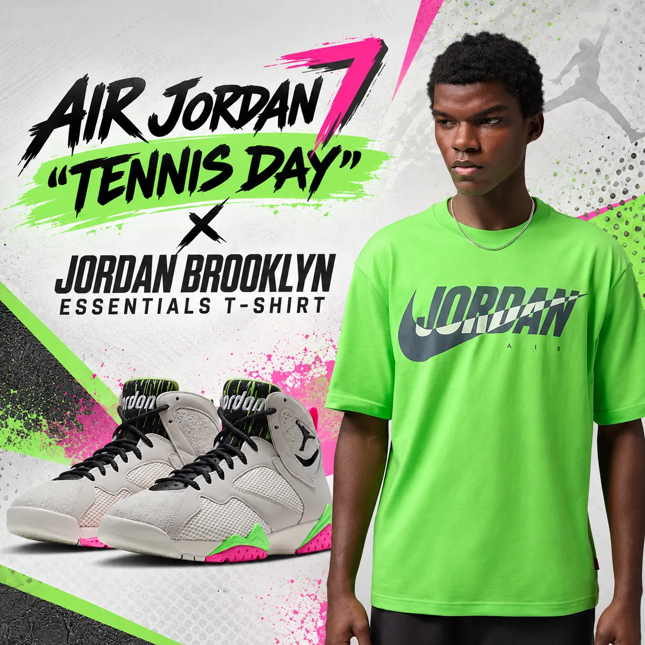 Air Jordan 7 Tennis Day sneakers paired with the green Jordan Brooklyn Essentials T-Shirt.