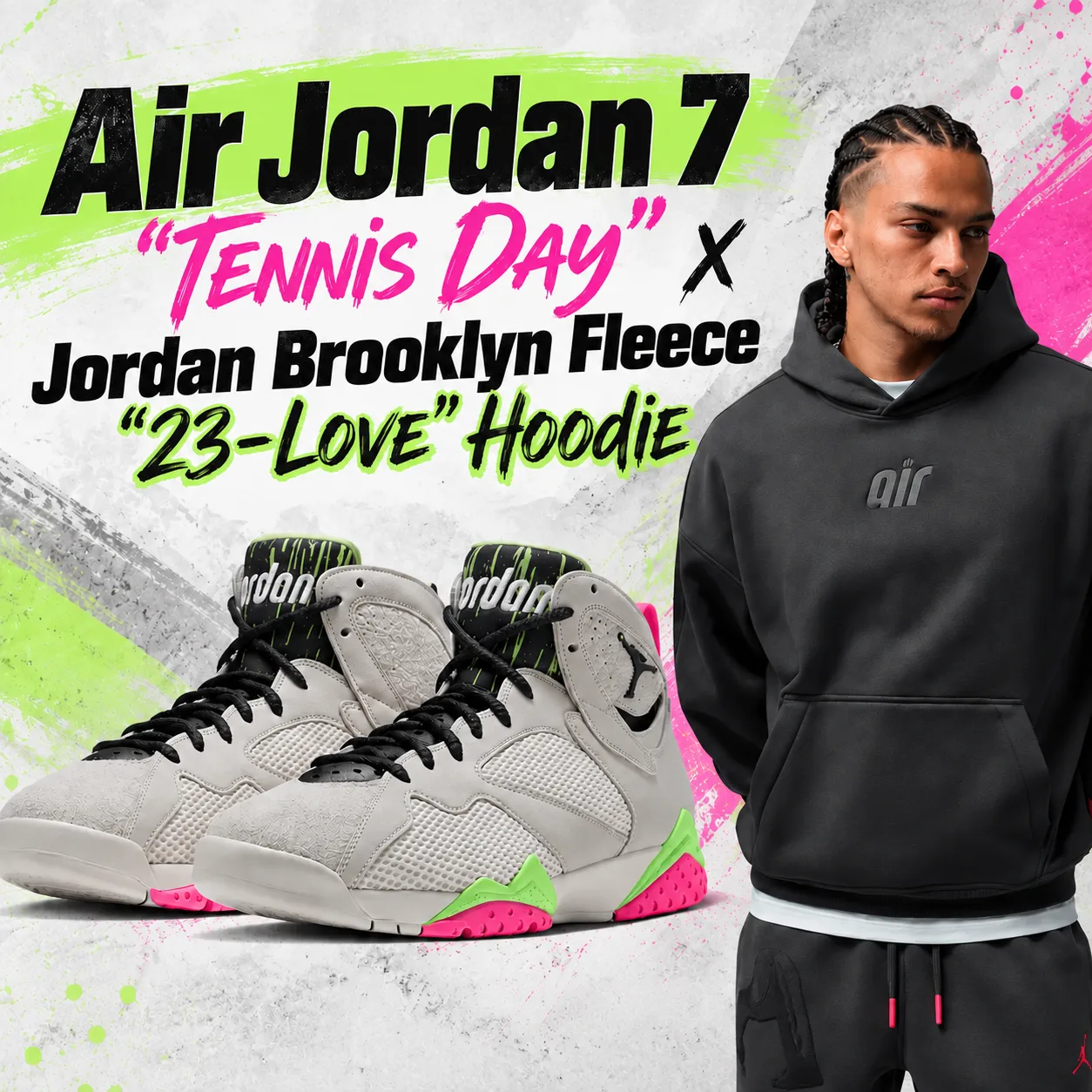 Air Jordan 7 “Tennis Day” sneakers paired with the Jordan Brooklyn Fleece “23-Love” Hoodie in Anthracite.