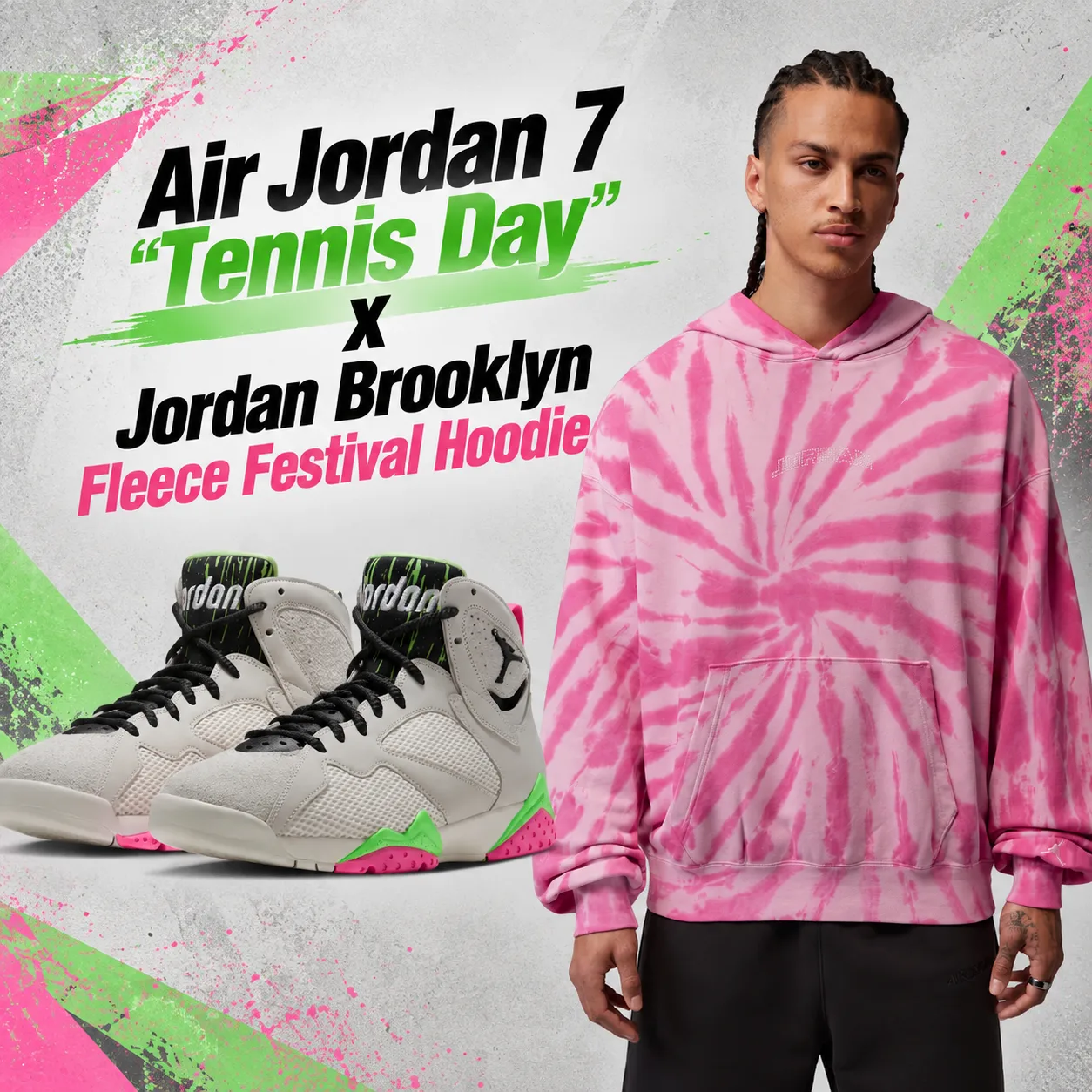 Air Jordan 7 “Tennis Day” sneakers paired with the pink Jordan Brooklyn Fleece Festival Hoodie.