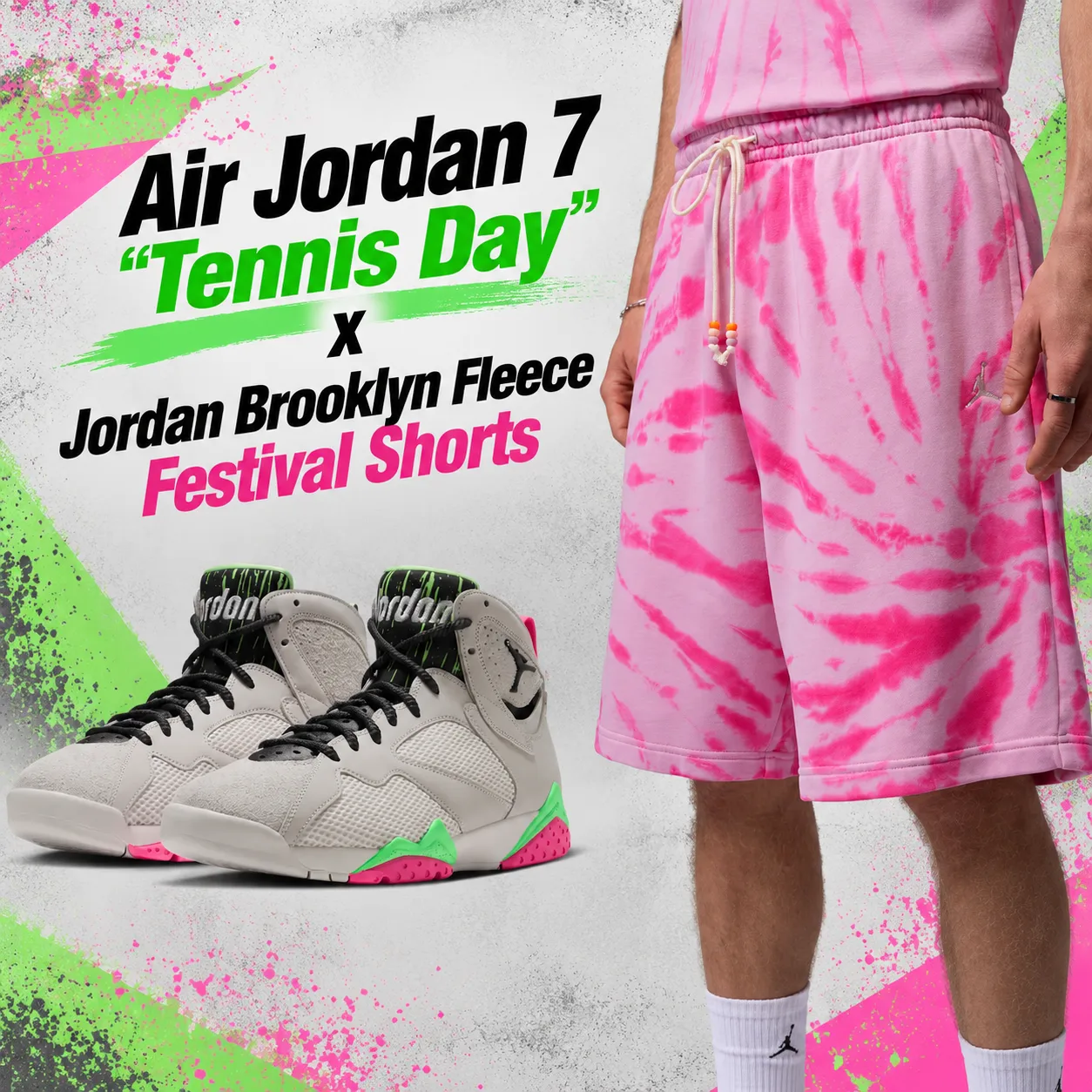 Air Jordan 7 “Tennis Day” sneakers paired with pink Jordan Brooklyn Fleece Festival Shorts.