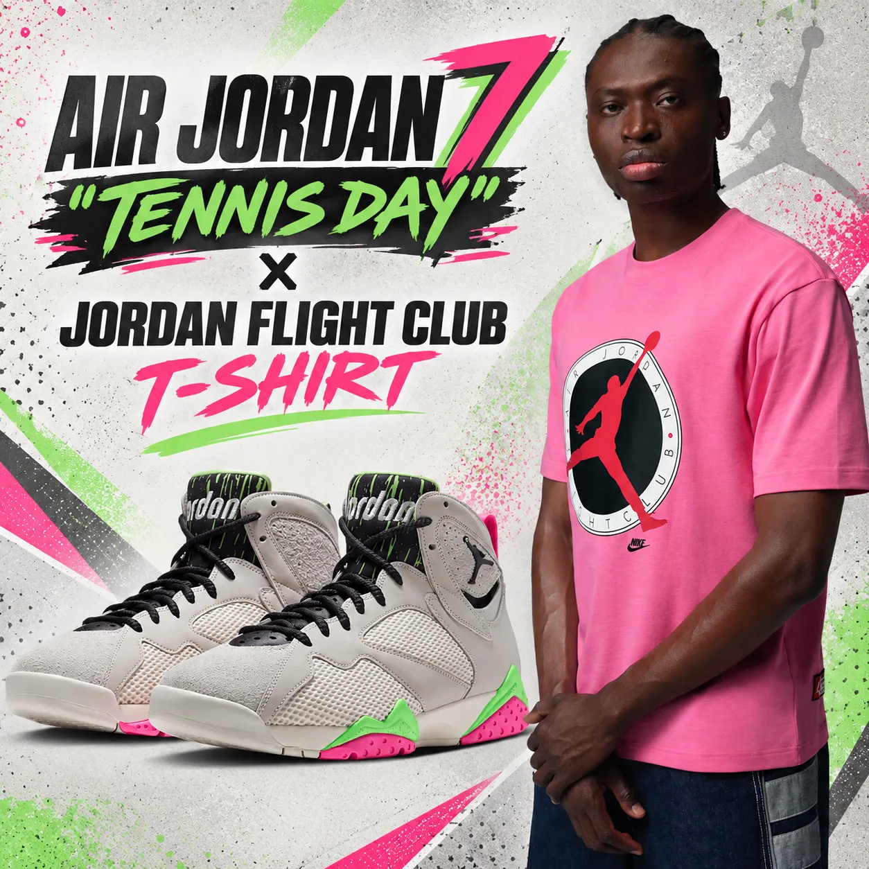 Air Jordan 7 Tennis Day sneakers with matching pink Jordan Flight Club T-Shirt.