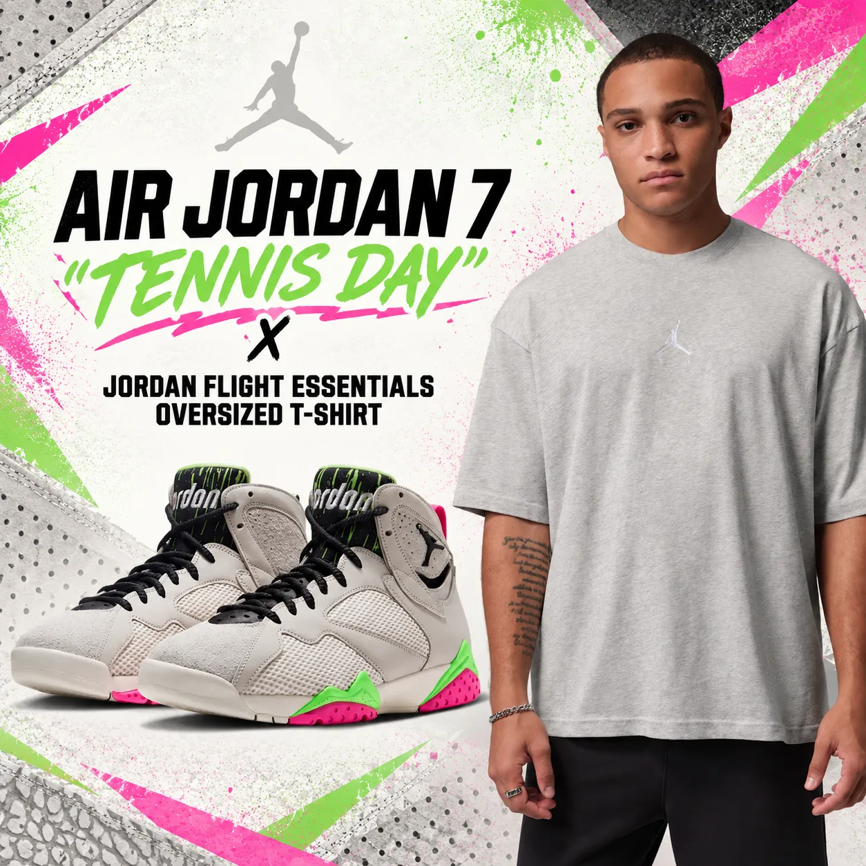 Air Jordan 7 “Tennis Day” sneakers paired with the grey Jordan Flight Essentials Oversized T-Shirt.