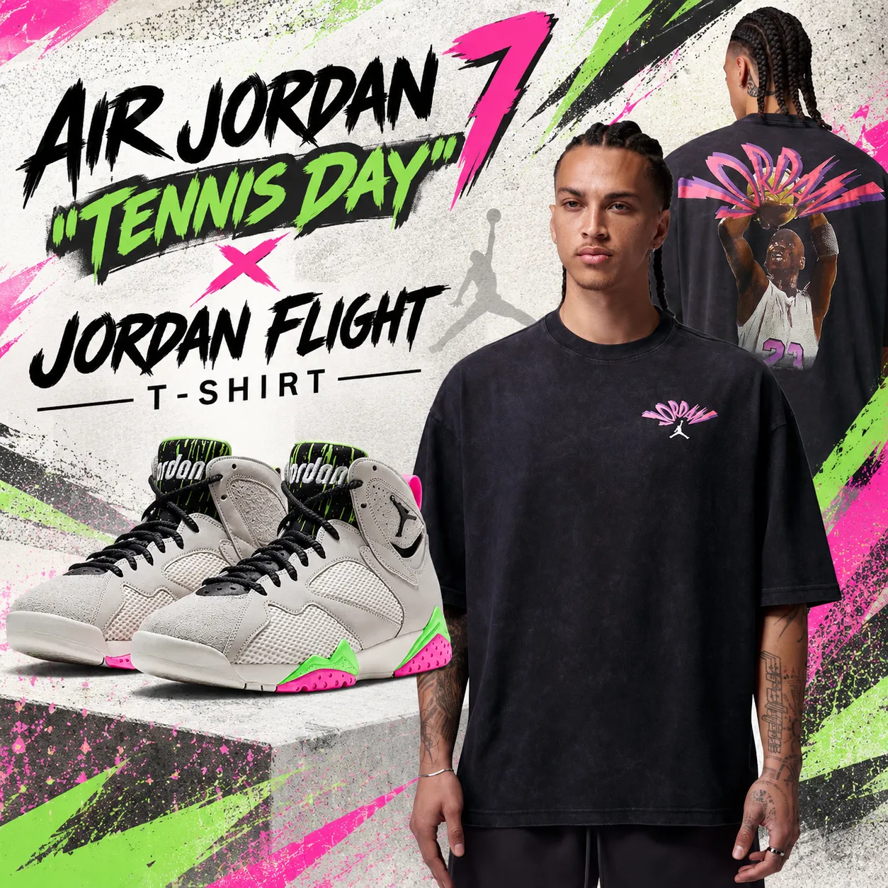 Air Jordan 7 Tennis Day sneakers paired with a black Jordan Flight T-Shirt featuring pink accents.