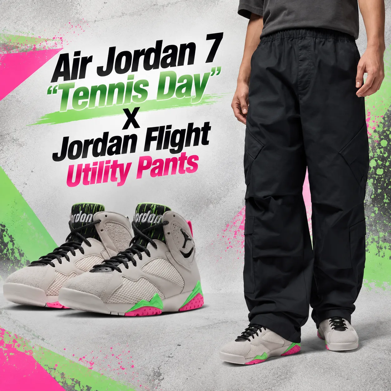 Air Jordan 7 “Tennis Day” sneakers paired with black Jordan Flight Utility Pants.