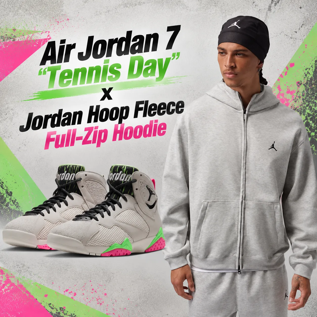 Air Jordan 7 “Tennis Day” sneakers paired with the Jordan Hoop Fleece Full-Zip Hoodie in grey.