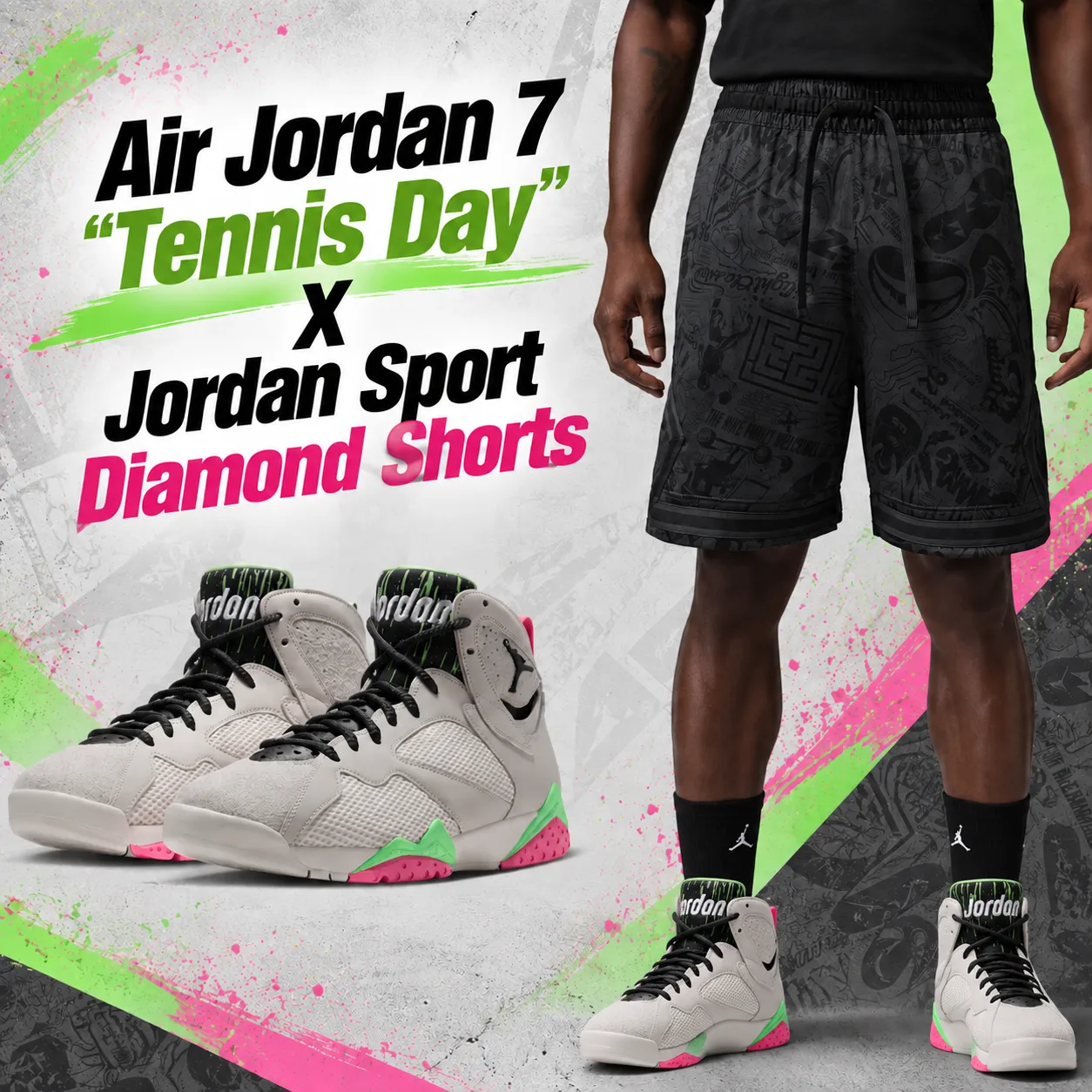 Air Jordan 7 “Tennis Day” sneakers styled with black Jordan Sport Diamond Shorts.