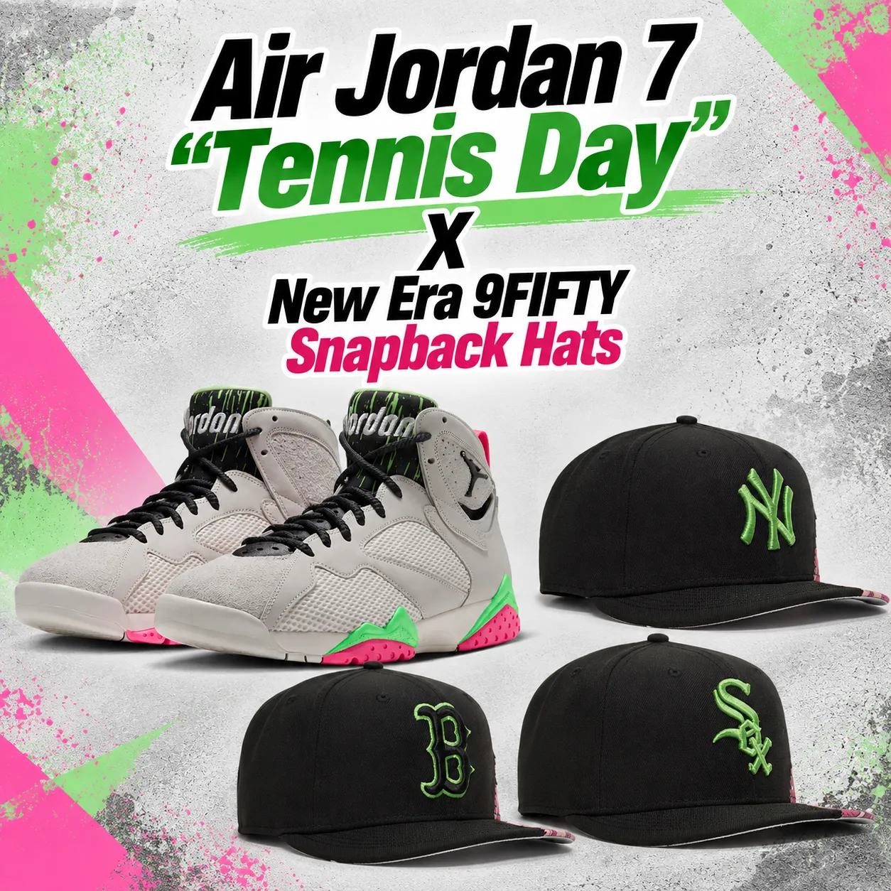 Air Jordan 7 “Tennis Day” sneakers with matching New Era 9FIFTY snapback hats in black and lime green.