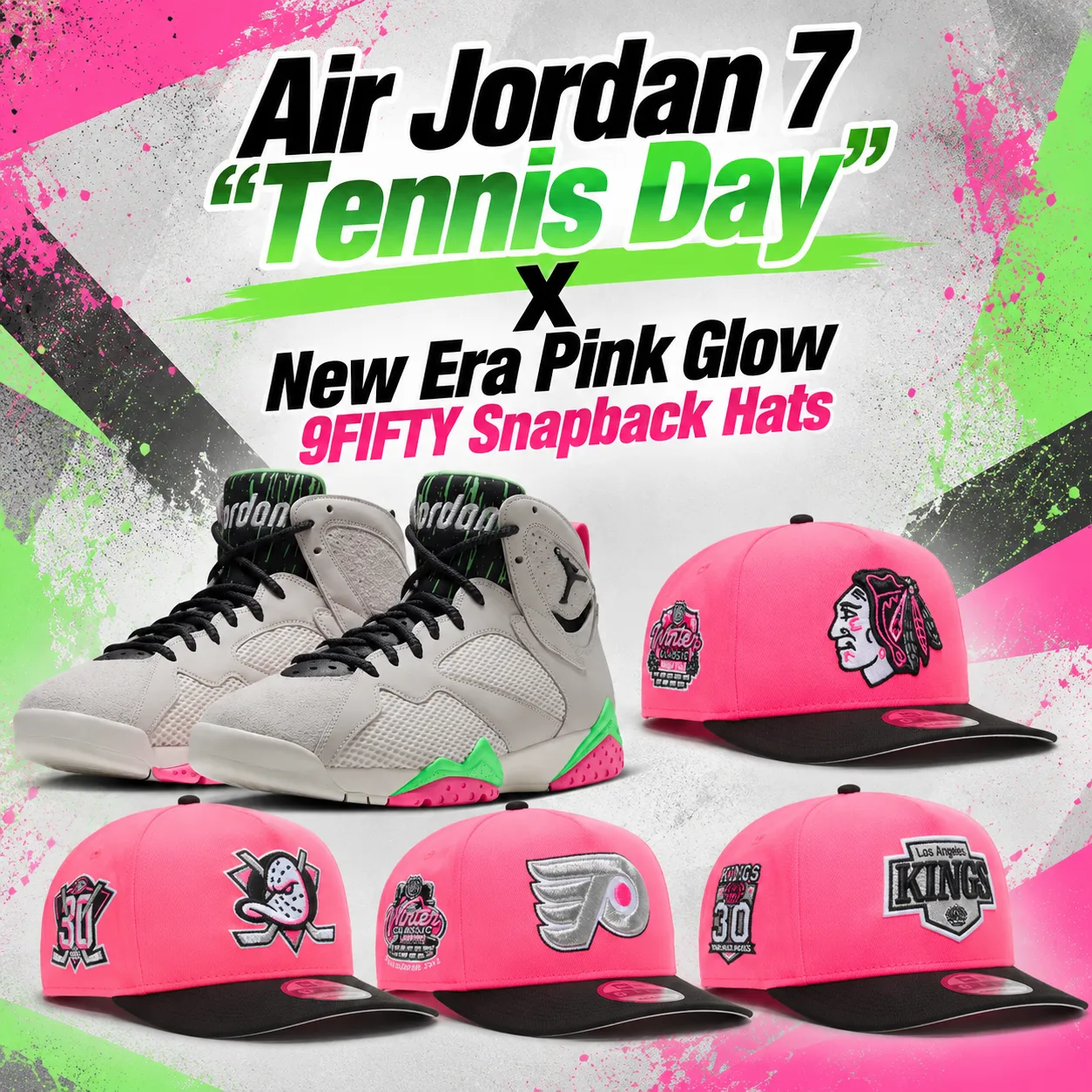 Air Jordan 7 Tennis Day sneakers with matching New Era Pink Glow 9FIFTY snapback hats.