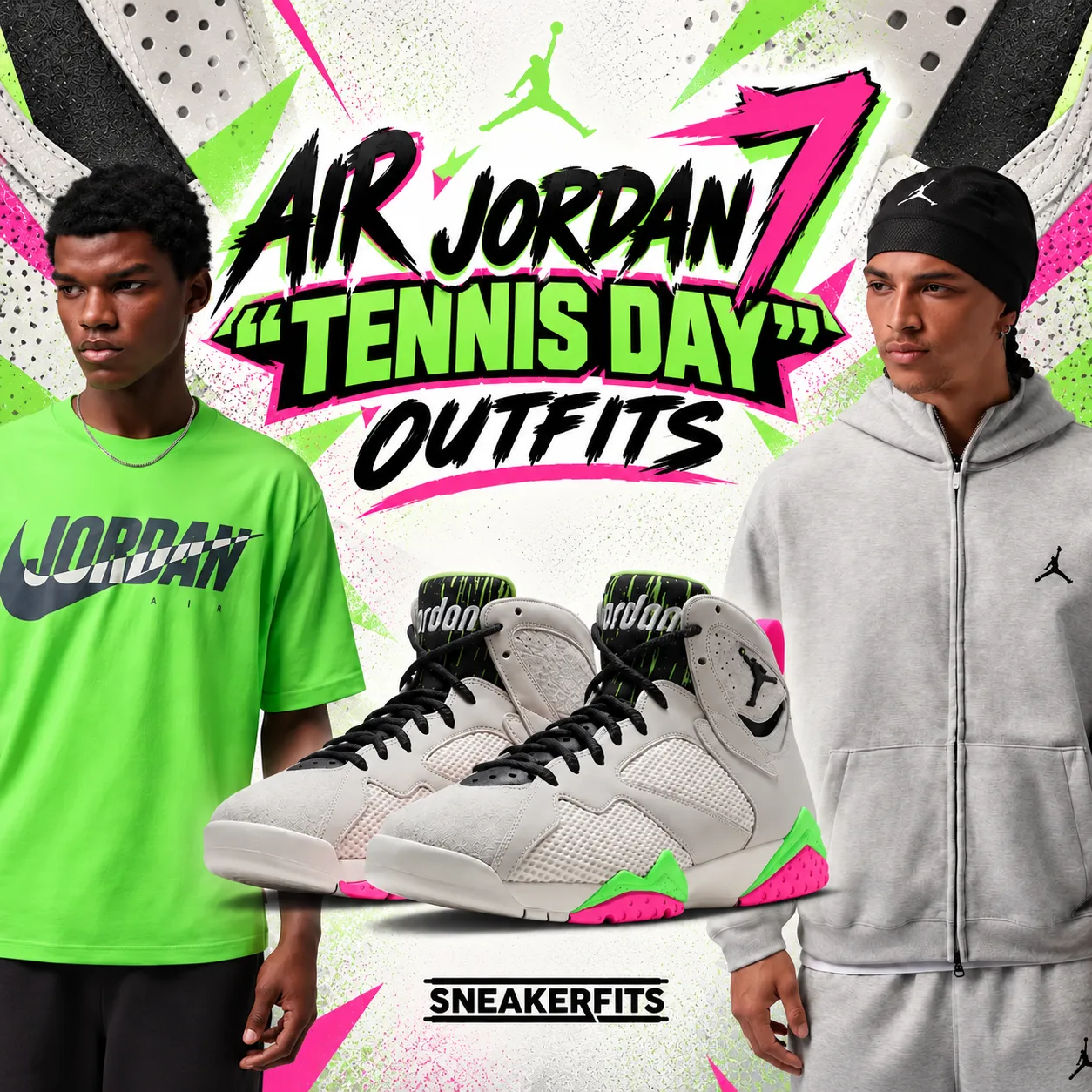 Air Jordan 7 Tennis Day sneakers with matching Jordan Brand apparel and SneakerFits outfit inspiration.