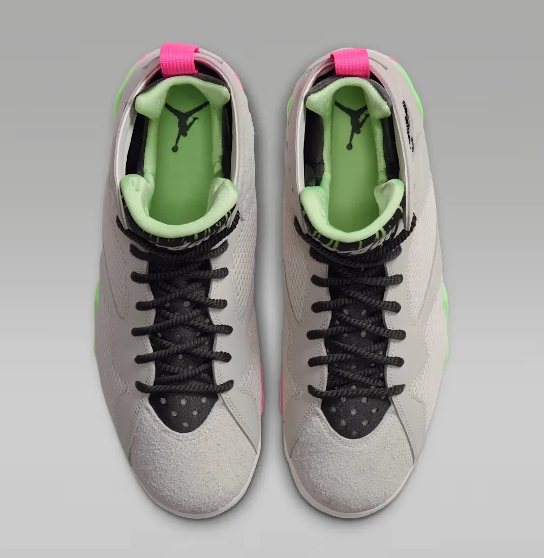 Air Jordan 7 Tennis Day top view with Phantom uppers, black laces, lime green lining and pink heel tabs.