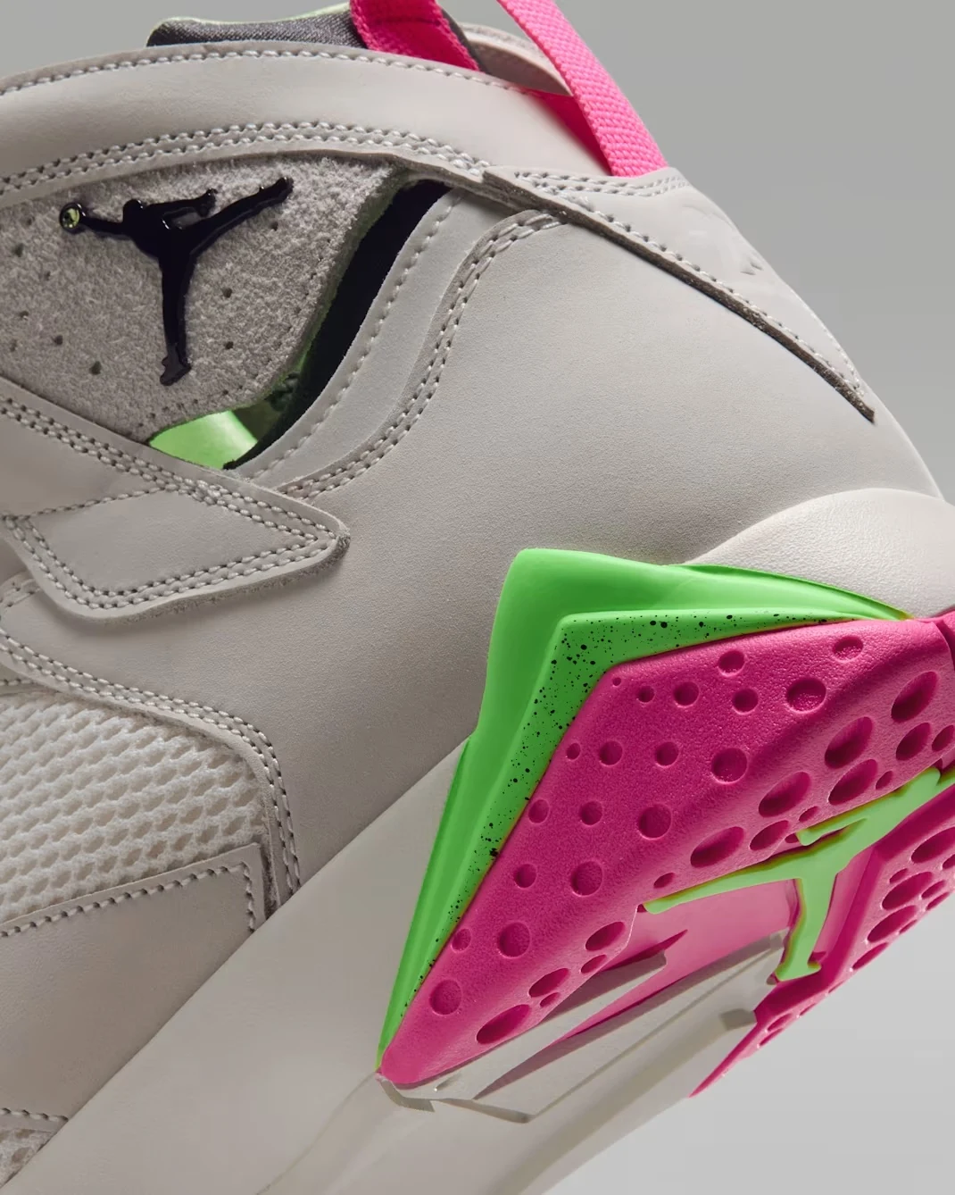 Air Jordan 7 Tennis Day heel detail with Phantom leather, lime green midsole and bright pink outsole.