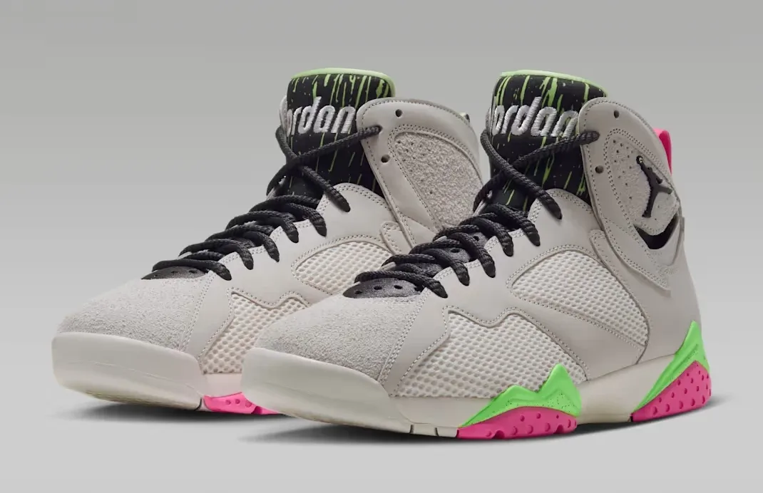 Pair of Air Jordan 7 Tennis Day sneakers in Phantom with lime green, pink and black accents.